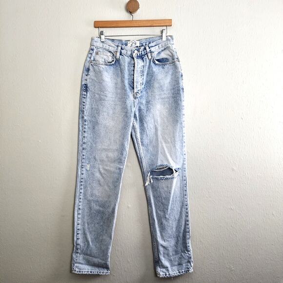 Free People Distressed Light Blue Denim Button Fly Straight Leg Jean - Picture 1 of 13